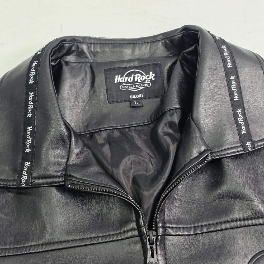 Hard Rock Hotel & Casino Biloxi, MS Black‎ Faux Leather Jacket Rare Men's L EUC